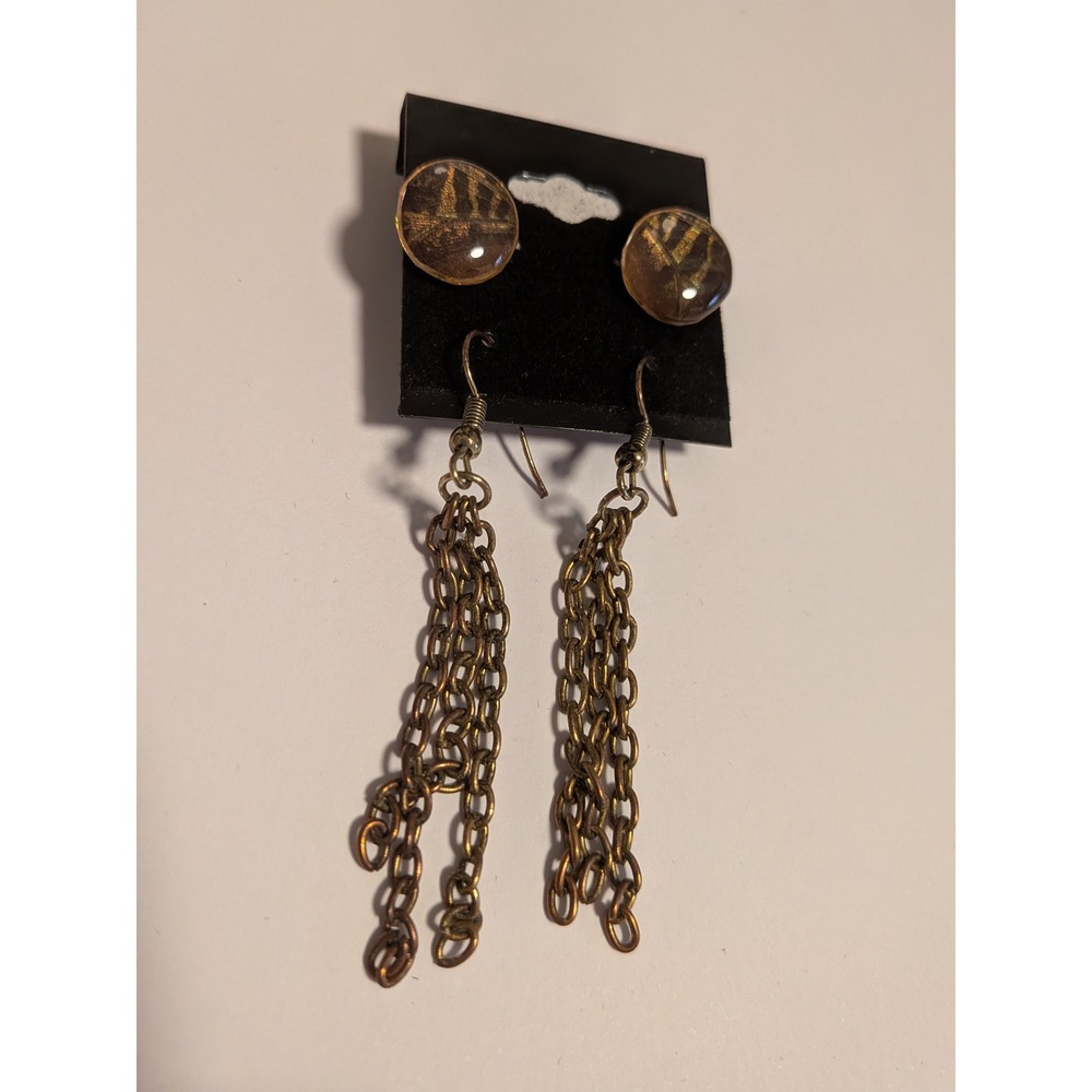 Antique Brass Multi Strand Chain‎ Dangle Earrings Gold Abstract Cabochon Boho